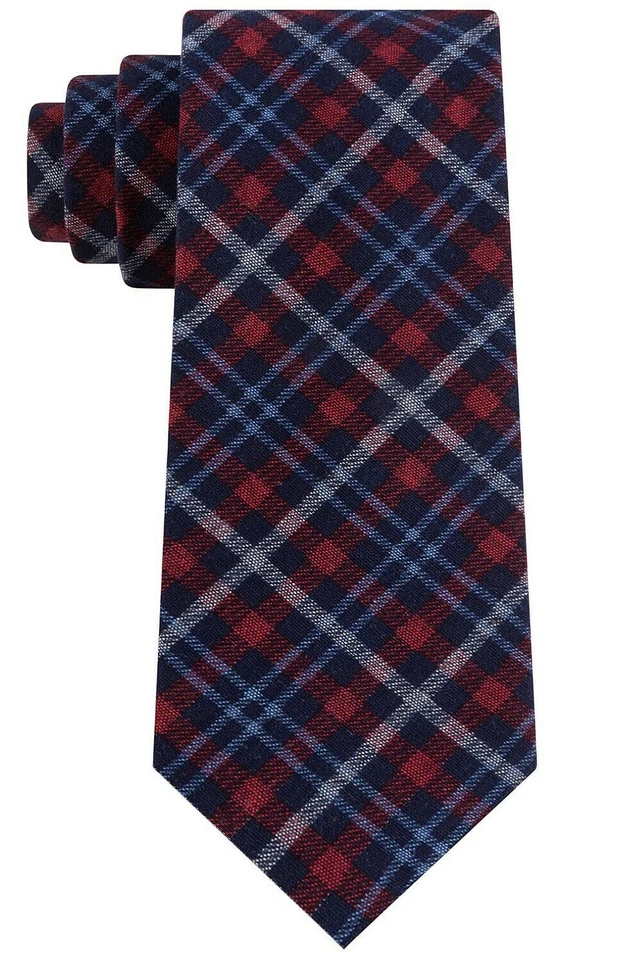 $75 New Mens Tommy Hilfiger Navy Red Boston Plaid Cotton Slim Neck Tie Necktie   - Image 1 of 1