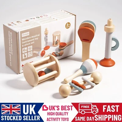 TREEHOLE Wooden Teether Baby Musical Toy Sensory Toys Shake Jingle Rattle Toy Gift set 6M