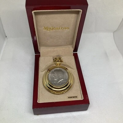 New Boxed Working Majestron JFK Half Dollar Goldtone Pocketwatch, Loose Backing - Image 1 of 4