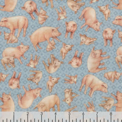 Fabric Pigs Farm Greener Pastures on Blue Cotton QT 1/4 Yard 28087B - Image 1 of 4