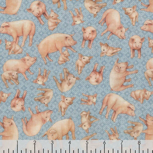 Fabric Pigs Farm Greener Pastures on Blue Cotton QT 1/4 Yard 28087B - Image 1 of 4