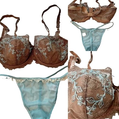 Conjunto de Sujetador MARIE JO Alta Lencería UW Marrón Aqua Encaje + VS Panty M Tanga 34D 34C Foto 1 de 4