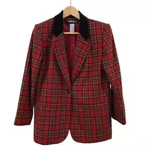 VTG SAG HARBOR PLAID RED WOOL BLEND BOXY BLAZER 8 Medium VELVET 90s Academia - Picture 1 of 4