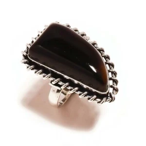 Natural Black Agate Cabochon Gemstone Handmade Rope Bezel Adjustable Ring-6.5 - Picture 1 of 2
