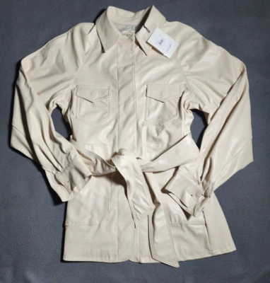 Jaqueta feminina 7 For All Mankind pequena creme couro sintético blazer com cinto nova com etiquetas - Imagem 1 de 4
