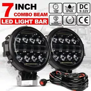 Pair 7" 200W Round Led Work Lights Off Road For Jeep Bumper Truck 4WD Free Wire - Picture 1 of 11