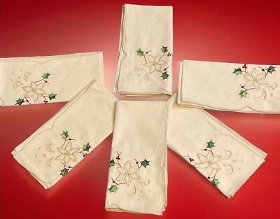 Lot 6 Antique Handkerchiefs Napkins Christmas Holly Embroidered & Eyelets *Read - Image 1 of 4