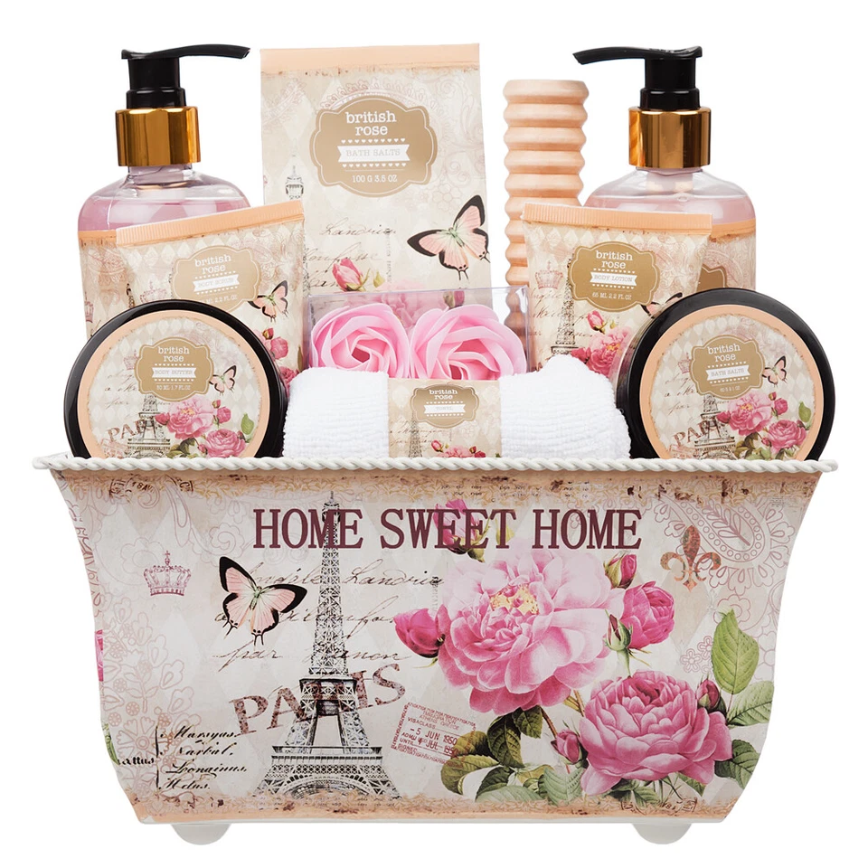 INVERO 10 Piece Ladies Stylish Chic British Rose Body & Bath Spa Gift Set Metal Box