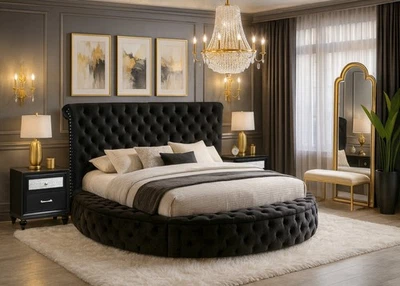 ELEGANTE Mesita de Noche Redonda Almacenamiento Terciopelo Negro Cama Queen King Contemporánea Opcional Foto 1 de 4