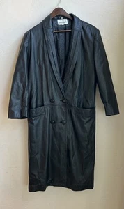 Vintage 80s 90s Donna Pelle Black Leather Trench Coat M Grunge Goth Cyber Retro - Picture 1 of 11