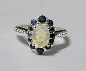 Natural Rainbow Opal & Blue Sapphire 925 Sterling Silver Ring Size 7 1045 - Picture 1 of 7