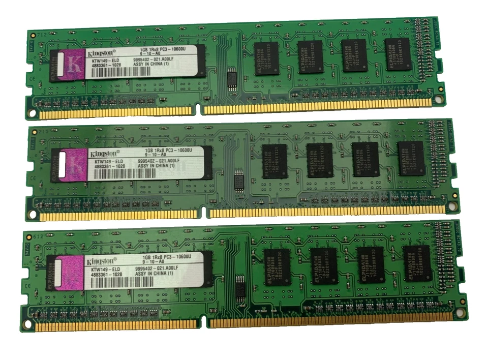 Kingston 3GB RAM DDR3 1Rx8 PC3-10600U KTW149-ELD (3x1GB DIMM) - Image 1 of 2