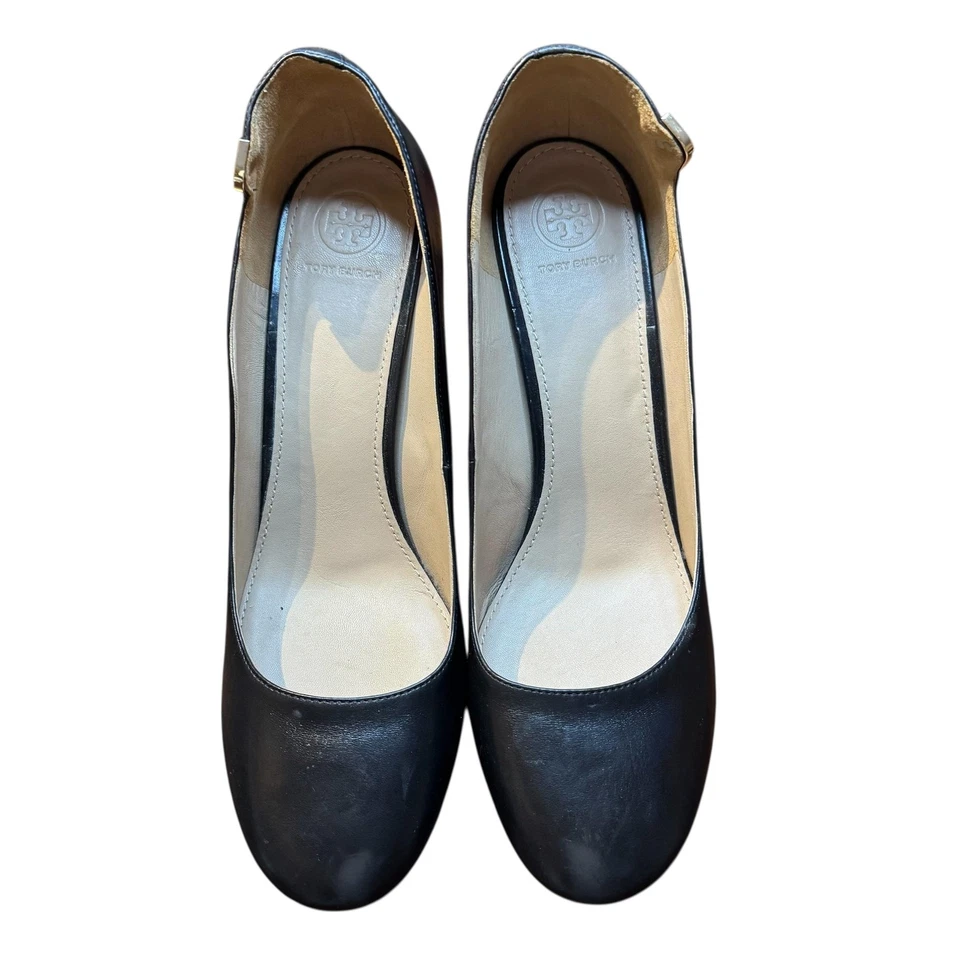 Tory Burch 鞋女式 11 码黑色皮革方跟高跟鞋金色标志连衣裙 — 第 1/4 张图片