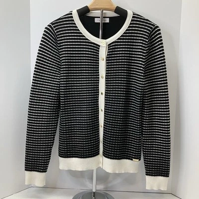 Cárdigan Suéter Calvin Klein Mujer Blanco y Negro Rayas Dorado Botón Talla M Foto 1 de 4