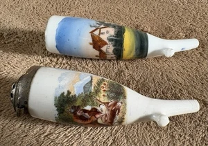 (2) Vintage Porcelain Pipe bowls base Hand Painted German Deer Scene Metal Cap - Picture 1 of 6