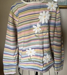 Orvis Sweater Cotton Wmn M striped Daisy Embroidered cottage core - Picture 1 of 5