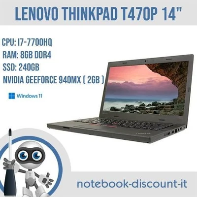 Lenovo ThinkPad T470P Cpu i7-7700HQ Ram 8gb SSD 240gb Win11 Pro 14"  940MX (2gb) - Immagine 1 di 4