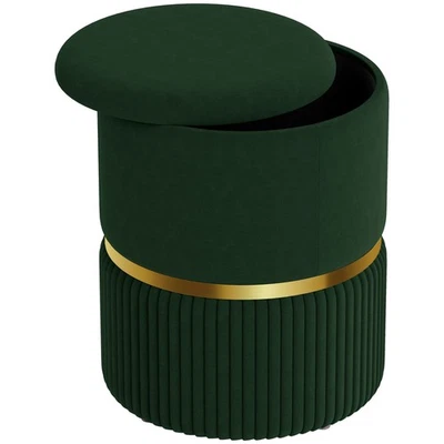 HOMCOM Round Pouffe, Storage Footstool with Cushioned Top, Dark Green - Image 1 of 4