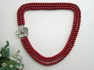 3 Row Genuine Red Coral Gemstones Collar Necklace Bib. 17.5 - 21" Long.