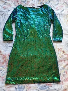 Glamorous, Sequin Mini Dress, 3/4 sleeves, Turquoise/ Peacock colour, Small - Picture 1 of 9