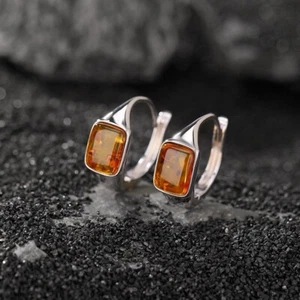 F02 Ohrringe Kreolen mit eckigem Bernstein 925 Sterling Silber