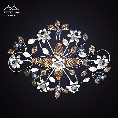 Plafoniera soffitto lampada classico ferro battuto cristalli foglie strass  - Immagine 1 di 3