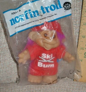 Norfin Troll Dam Doll Ski Bum Purple Hair Outfit 5 In NEW 1986 Smiling Face - Picture 1 of 3