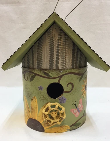 Birdhouse Wooden With Metal Roof & Floral Painted Decorative Front W/Knob Perch Cover