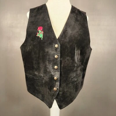 Chaleco de cuero gamuza con botones Gitano vintage bolsillos negro talla grande rosa *LEER* Foto 1 de 4