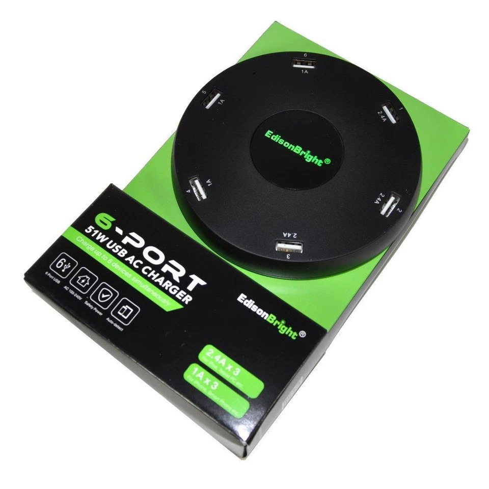 EdisonBright 51 Watts 6 Port USB desktop charger Multi Port f/iphone/ipad/tab - Image 1 of 4