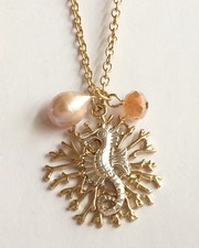 Gold Pearl Sea Life Seahorse Necklace 30" X-Long Island Beach Silver Plated