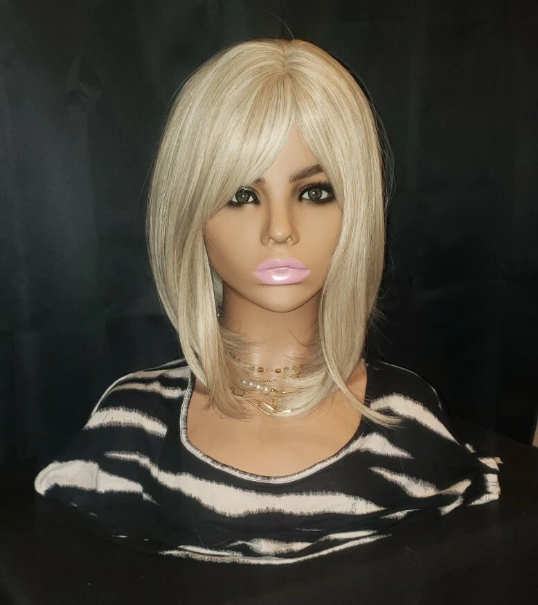 Peluca Rubia Platino Cabello Humano Blens Corto Recto Bob Bangs Capas Natural Foto 1 de 4