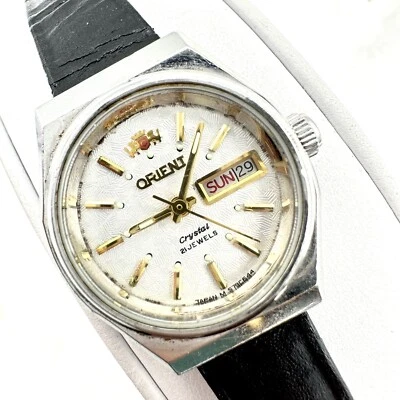 Vintage Mujer Automático Orient Crystal 17 Joyas Día Fecha, Tono Plata Funcionando Foto 1 de 4