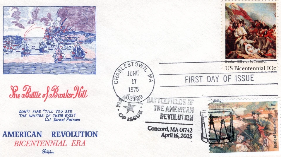 2025 AM. REV. BATTLEFIELDS BUNKER HILL PATRIOTS FDC ON 1975 BH FDC BAZAAR CACHET - Image 1 of 1