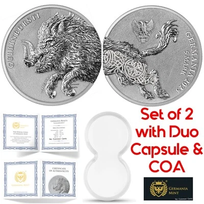 Moneda Germania Gullinbursti 2025 1 oz .9999 plata juego de 2 con cápsula dúo y certificado de autenticidad Foto 1 de 4