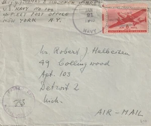 1945 USA WWII censored cover sent from 100 Navy PO NY to Detroit MI - Picture 1 of 2