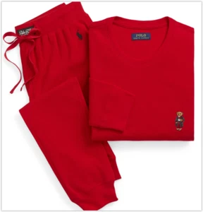 NWT Polo Ralph Lauren Coffee Polo Bear Red Waffle Thermal Pajama Sleep Set , M - Picture 1 of 6