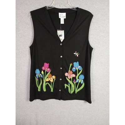 Chaleco Camisa Quacker Factory Sin Mangas Grande Negro Flores Cuentas Mariposa Foto 1 de 4