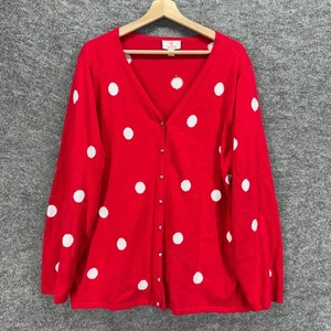 Quacker Factory Cardigan Women 1X Plus Red Polka Dot Button Up V-Neck Cotton - Picture 1 of 7