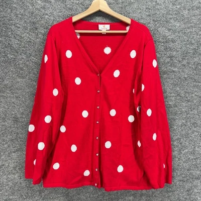 Quacker Factory Cardigan Women 1X Plus Red Polka Dot Button Up V-Neck Cotton - Image 1 of 4