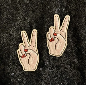 Set of 2 Peace Sign Hand Retro Hippie Embroidered Iron On Patch Sew Applique Lot - Picture 1 of 1