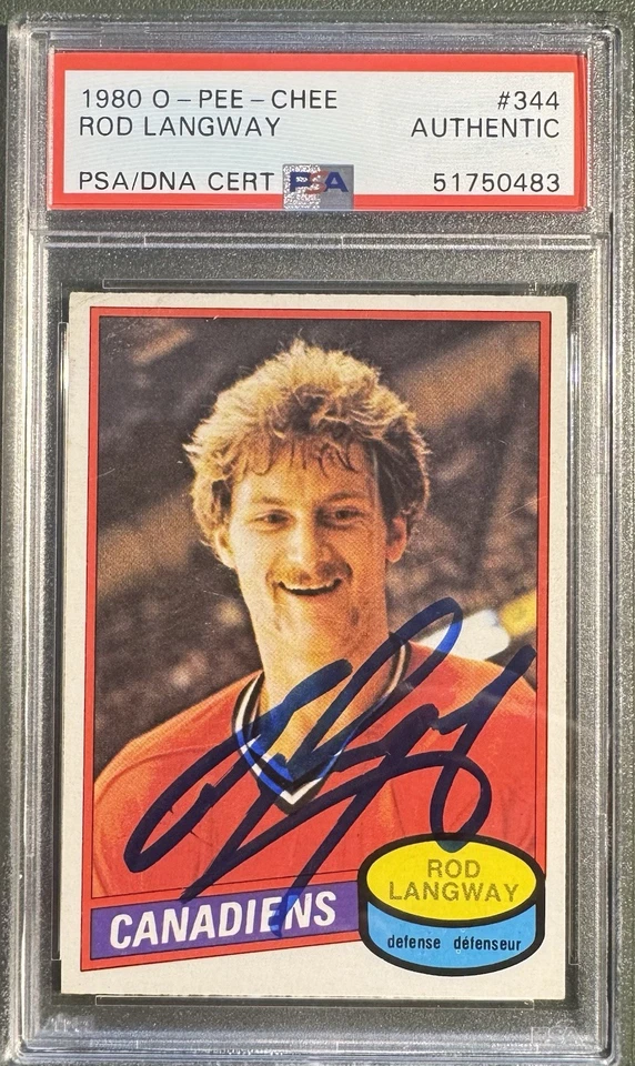 1980-81 OPC SIGNED ROOKIE CARD ROD LANGWAY CANADIENS CAPITALS HOF PSA DNA #344 - Image 1 of 1