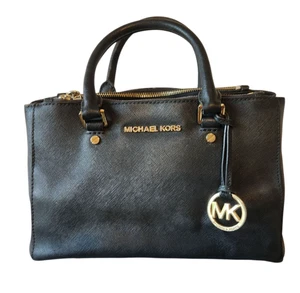 Michael Kors Sutton Saffiano Black Leather Medium Satchel Bag Purse Classic - Picture 1 of 11