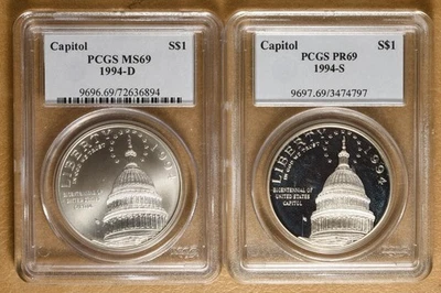1994 Unc & Proof Capitol Commemorative Silver Dollars PCGS MS69 & PR69 - Image 1 of 2