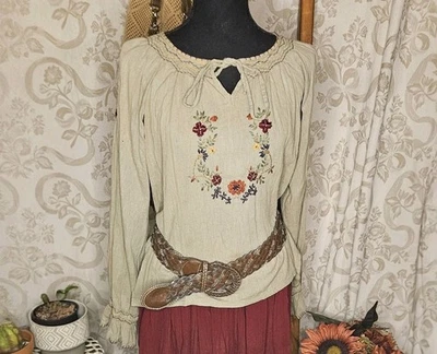 Mujer De Colección Años 90 Bordado Verde Campesino Top Med Cottagecore Boho Renacimiento  Foto 1 de 4
