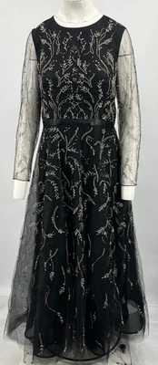 Oscar De La Renta F16 Black Mesh Gold-Beaded Embellished Fit+Flare Gown sz 12 - Image 1 of 4