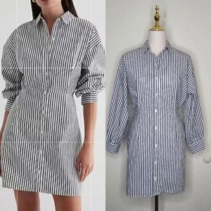Express Sz S Gray White Striped Fitted Poplin Long Sleeve Mini Shirt Dress - Picture 1 of 9