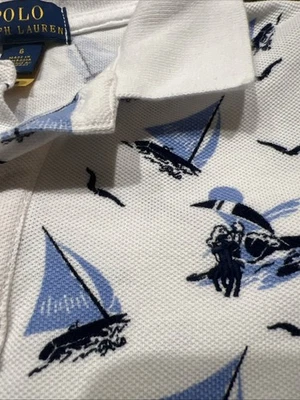 Polo Raph Lauren Sailboat Cotton Mesh Blue and White Polo Shirt Boys 6 - Image 1 of 4