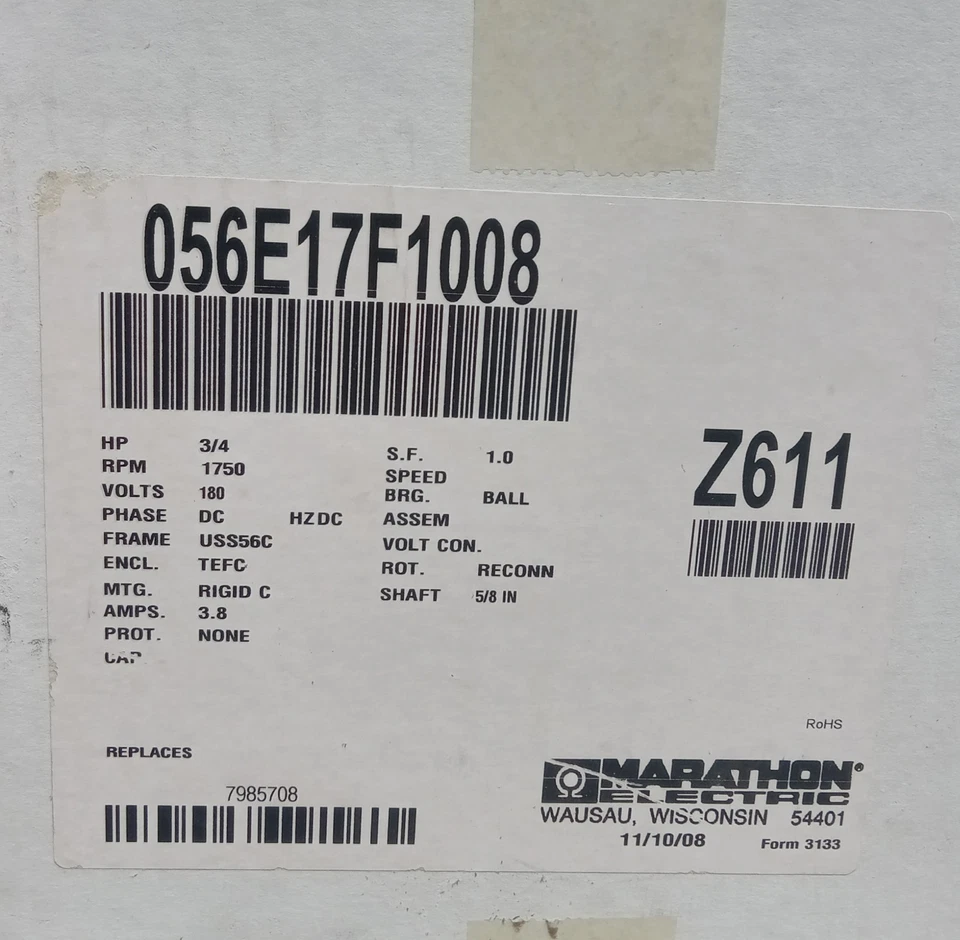 Marathon Z611 Motor Direct Current 056E17F1008  3/4hp 180V-DC 1750rpm USS56C - Image 1 of 3