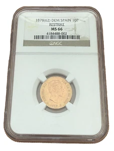 España 1878 (62) Oro 10 Pesetas NGC MS66 Alfonso XII Restrike - Imagen 1 de 2
